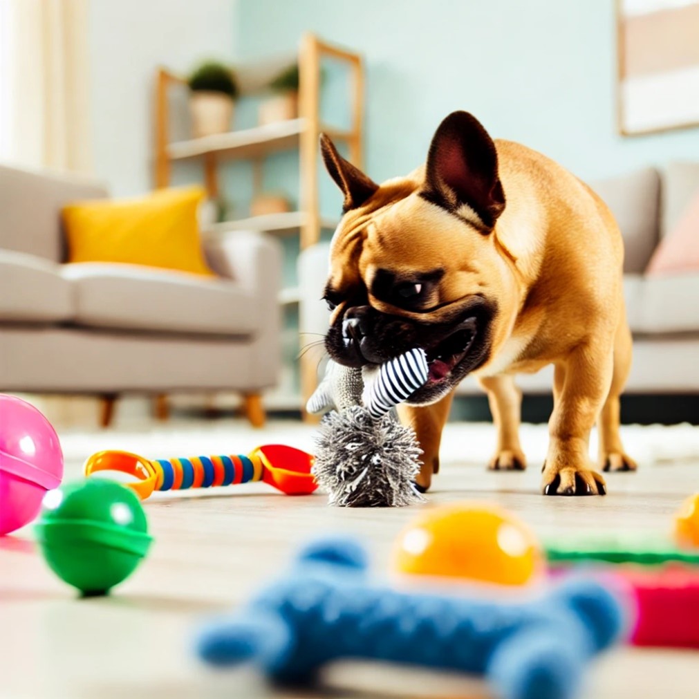 French Bulldog playing with various toys in a living room (french_bulldog_toys.jpg)