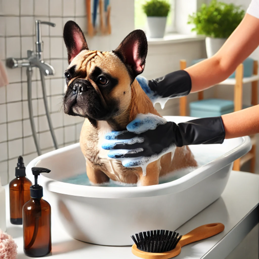 French Bulldog getting a bath in a clean bathroom (french_bulldog_bath.jpg)