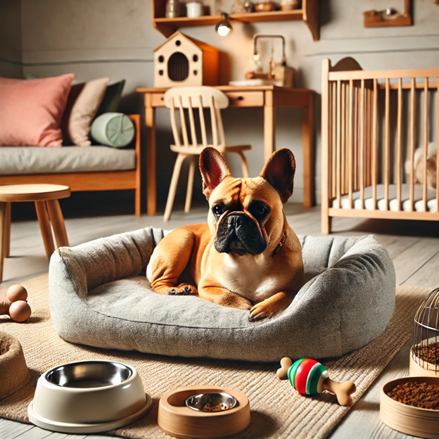 Cozy home environment adapted for a French Bulldog with comfortable bedding and toys (french_bulldog_home.jpg)