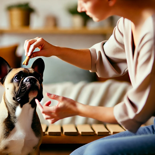 Dog owner correcting unwanted behavior of a French Bulldog (french_bulldog_behavior.jpg)