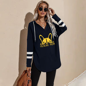 French Bulldog Mom Loose Hoodies Ladies Fashion V-Neck Long Tops Female Hoodie Winter Frenchie Mom Women Casual Sweatshirts