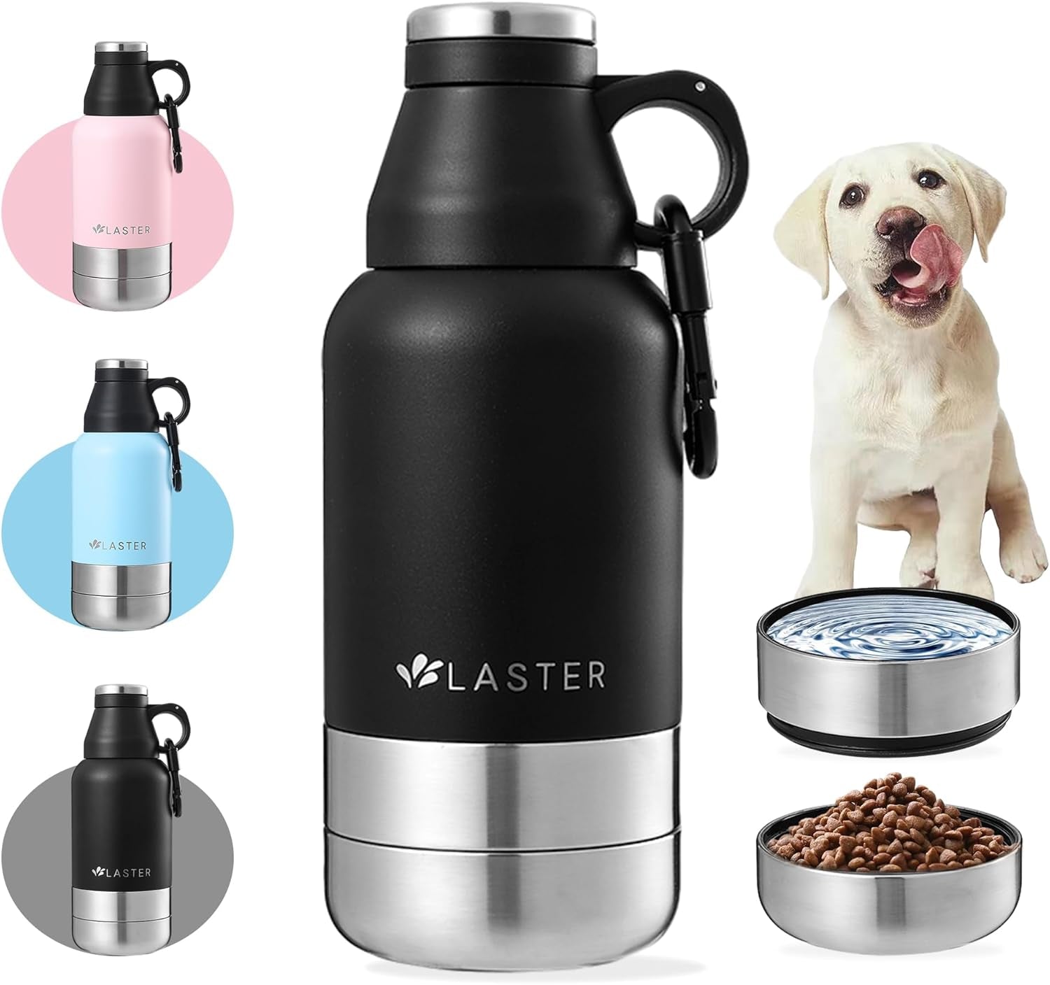 LASTER 32 Oz Multi-Functional Stainless Steel Pet Water and Snack Bottle | Detachable Food and Water Bowls |Hot & Cold Liquids | Portable | Insulated |Travel | Human and Pet | Hiking | Camping| Park