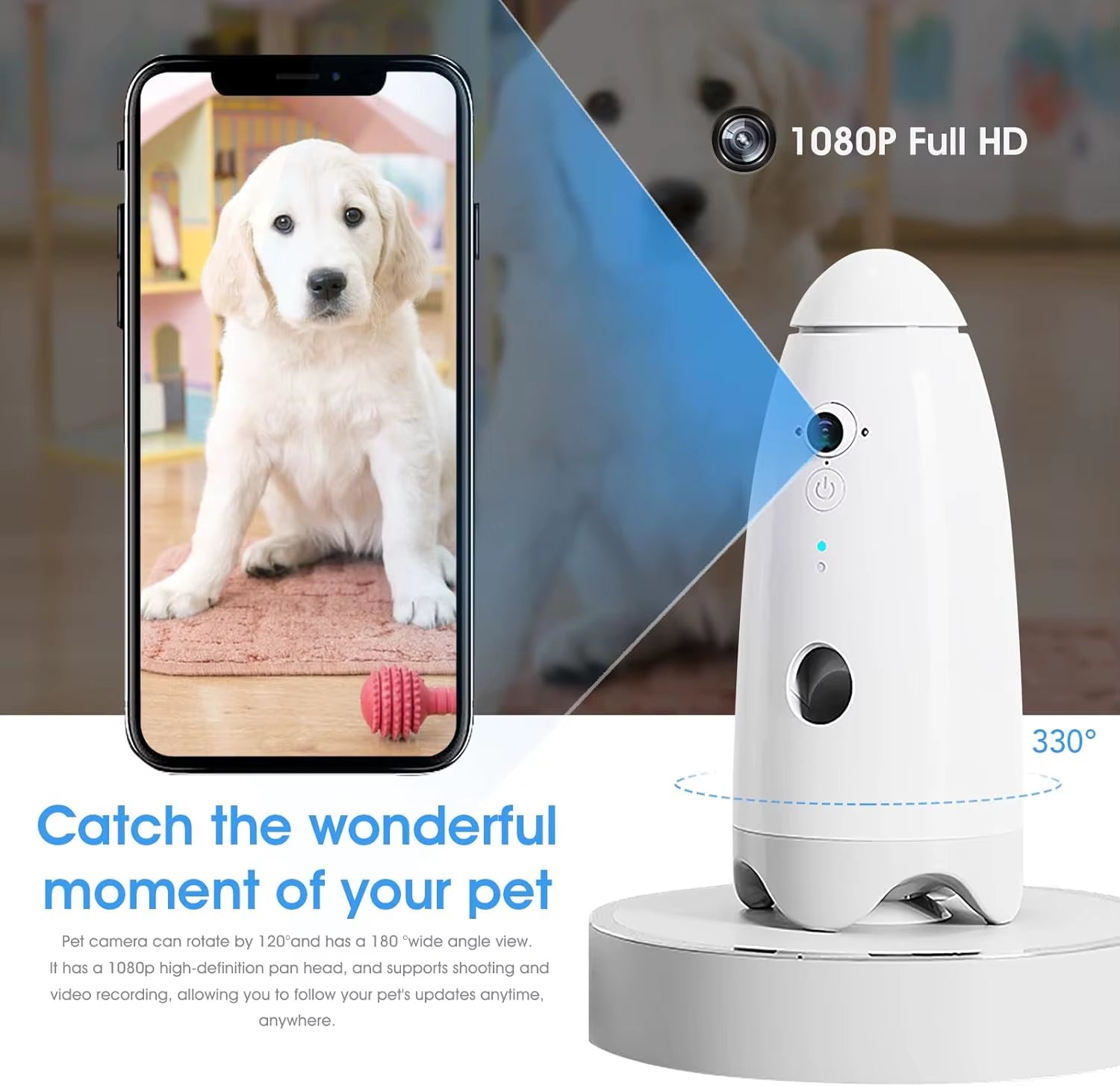 Home Full HD Pet Surveillance Camera - 2.4G Wifi App Control,Two-Way Audio, Night Vision, Remote Pet Food Feeder, Smart Dog Food