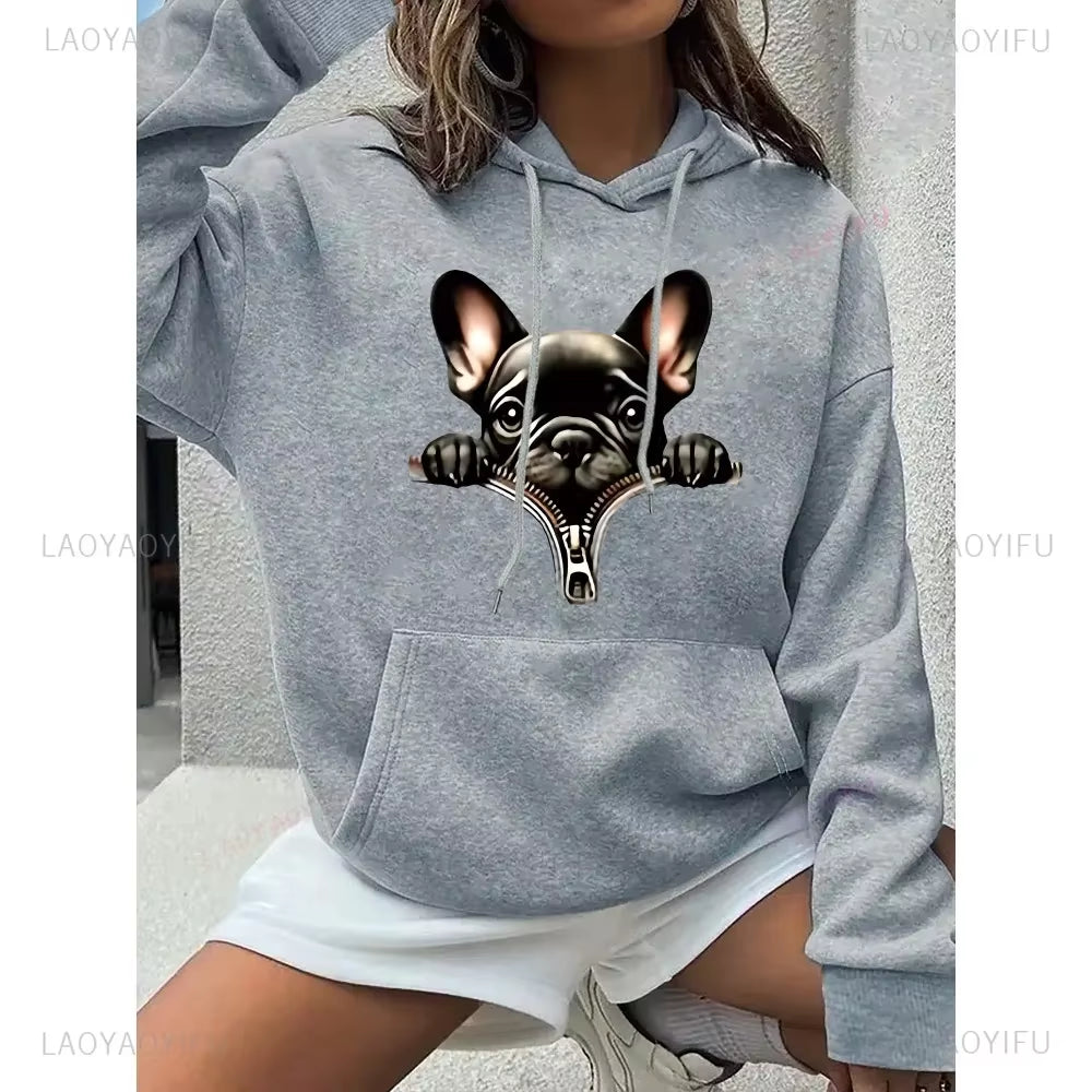 Women'S French Bulldog Zipper Print Hoodie with Drawstring Long Sleeve Pullover with Front Pocket Casual Polyester Sweatshirt