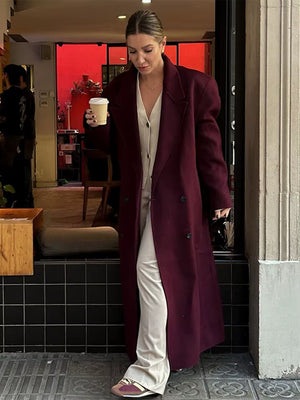 Elegant Burgundy Red Lapel Women Coat Full Sleeve Loose All-Match Pocket Long Coats 2025 Spring Thicken Jacket High Streetwear