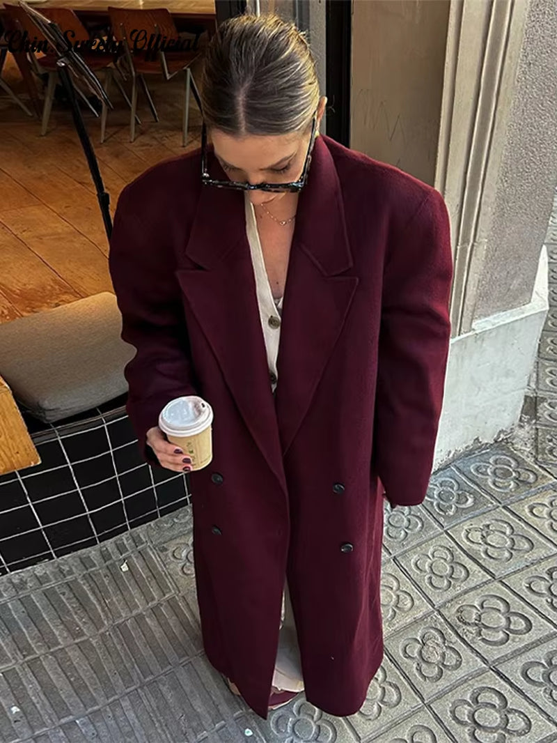 Elegant Burgundy Red Lapel Women Coat Full Sleeve Loose All-Match Pocket Long Coats 2025 Spring Thicken Jacket High Streetwear