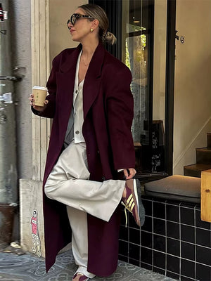 Elegant Burgundy Red Lapel Women Coat Full Sleeve Loose All-Match Pocket Long Coats 2025 Spring Thicken Jacket High Streetwear