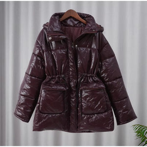 Women'S Burgundy Quilted down Jacket Winter Solid Color Thickened Stand-Up Collar Cotton Jacket Fashionable Outerwear Jacket