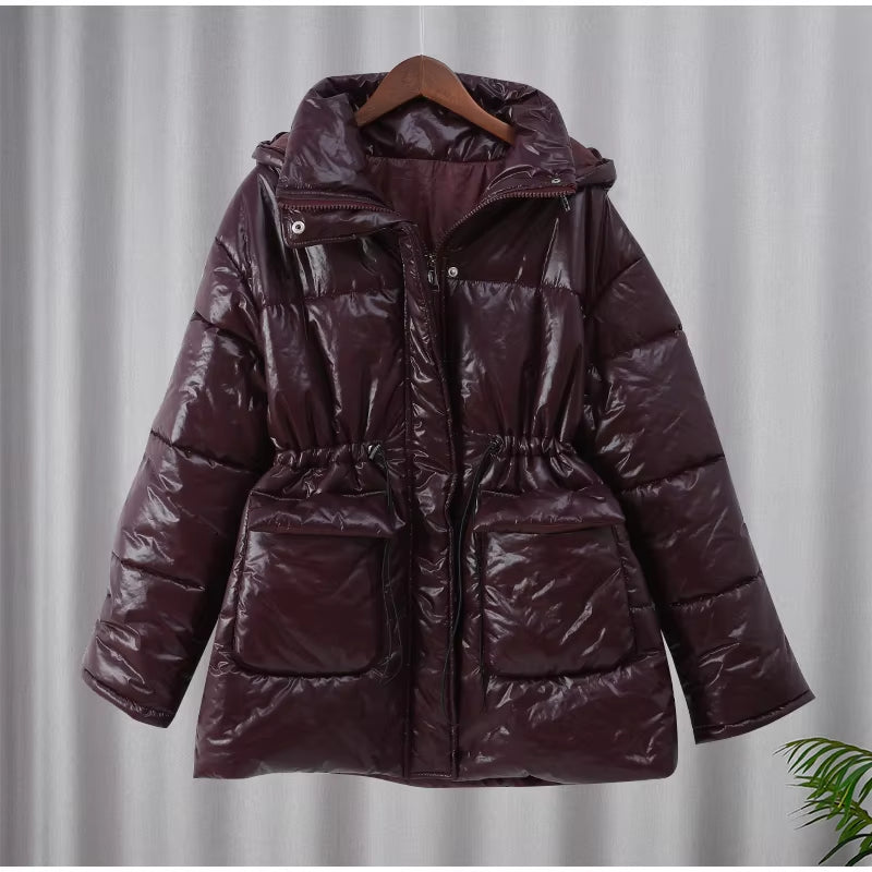 Women'S Burgundy Quilted down Jacket Winter Solid Color Thickened Stand-Up Collar Cotton Jacket Fashionable Outerwear Jacket
