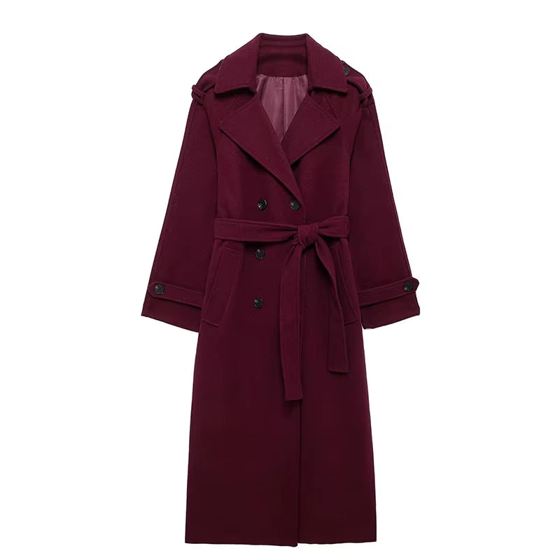 Elegant Burgundy Red Lapel Women Coat Full Sleeve Loose All-Match Pocket Long Coats 2025 Spring Thicken Jacket High Streetwear