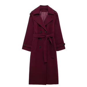 Elegant Burgundy Red Lapel Women Coat Full Sleeve Loose All-Match Pocket Long Coats 2025 Spring Thicken Jacket High Streetwear
