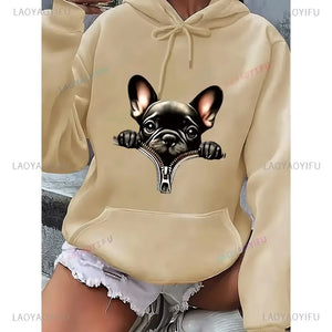 Women'S French Bulldog Zipper Print Hoodie with Drawstring Long Sleeve Pullover with Front Pocket Casual Polyester Sweatshirt