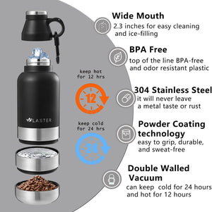 LASTER 32 Oz Multi-Functional Stainless Steel Pet Water and Snack Bottle | Detachable Food and Water Bowls |Hot & Cold Liquids | Portable | Insulated |Travel | Human and Pet | Hiking | Camping| Park