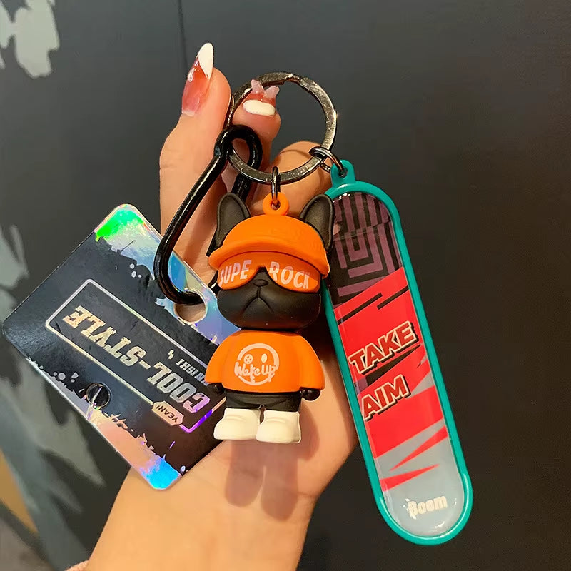 French Bulldog Skateboarding Keychain Trend Bag Pendant Keyring Toy Car Key Accessories Key Chains Toy Gift for Women Friends