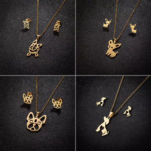 New Cute French Bulldog Chihuahua Pet Pendant Necklace Earrings for Women Love My Pet Animal Jewelry Sets Gift