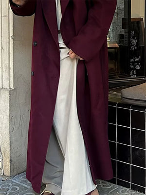 Elegant Burgundy Red Lapel Women Coat Full Sleeve Loose All-Match Pocket Long Coats 2025 Spring Thicken Jacket High Streetwear
