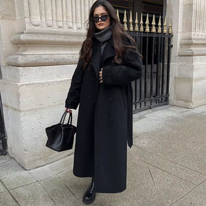 Elegant Burgundy Red Lapel Women Coat Full Sleeve Loose All-Match Pocket Long Coats 2025 Spring Thicken Jacket High Streetwear