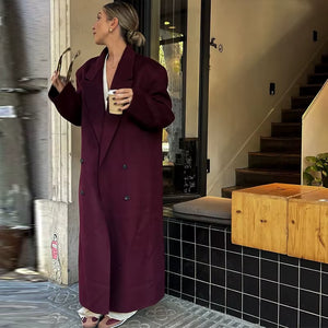 Elegant Burgundy Red Lapel Women Coat Full Sleeve Loose All-Match Pocket Long Coats 2025 Spring Thicken Jacket High Streetwear