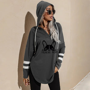 French Bulldog Mom Loose Hoodies Ladies Fashion V-Neck Long Tops Female Hoodie Winter Frenchie Mom Women Casual Sweatshirts