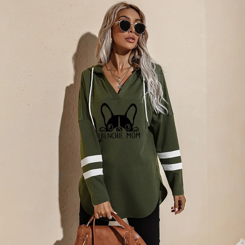 French Bulldog Mom Loose Hoodies Ladies Fashion V-Neck Long Tops Female Hoodie Winter Frenchie Mom Women Casual Sweatshirts