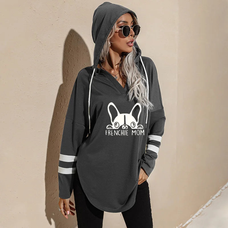 French Bulldog Mom Loose Hoodies Ladies Fashion V-Neck Long Tops Female Hoodie Winter Frenchie Mom Women Casual Sweatshirts