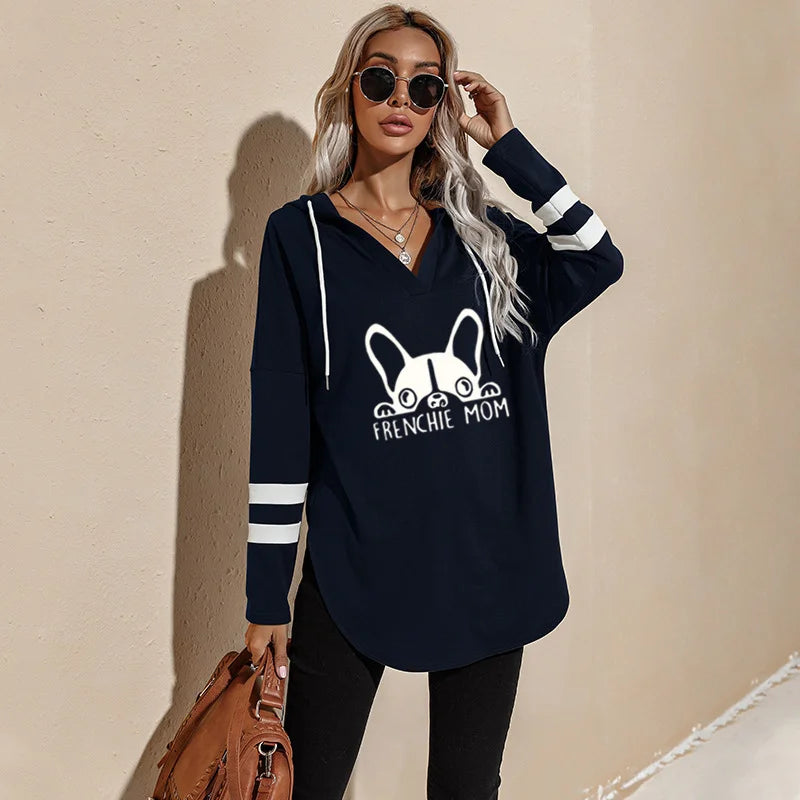 French Bulldog Mom Loose Hoodies Ladies Fashion V-Neck Long Tops Female Hoodie Winter Frenchie Mom Women Casual Sweatshirts