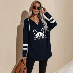 French Bulldog Mom Loose Hoodies Ladies Fashion V-Neck Long Tops Female Hoodie Winter Frenchie Mom Women Casual Sweatshirts