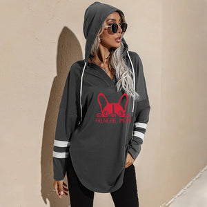 French Bulldog Mom Loose Hoodies Ladies Fashion V-Neck Long Tops Female Hoodie Winter Frenchie Mom Women Casual Sweatshirts