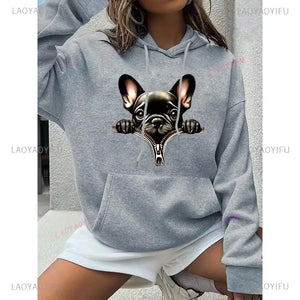 Women'S French Bulldog Zipper Print Hoodie with Drawstring Long Sleeve Pullover with Front Pocket Casual Polyester Sweatshirt