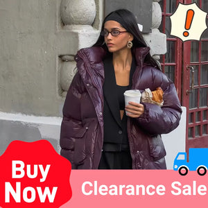 Women'S Burgundy Quilted down Jacket Winter Solid Color Thickened Stand-Up Collar Cotton Jacket Fashionable Outerwear Jacket