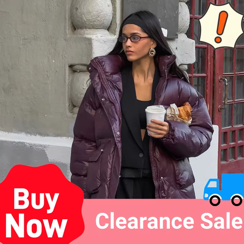 Women'S Burgundy Quilted down Jacket Winter Solid Color Thickened Stand-Up Collar Cotton Jacket Fashionable Outerwear Jacket