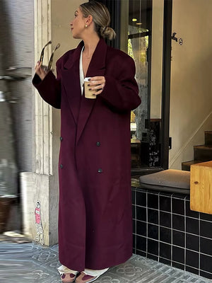 Elegant Burgundy Red Lapel Women Coat Full Sleeve Loose All-Match Pocket Long Coats 2025 Spring Thicken Jacket High Streetwear