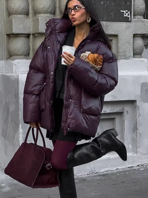 Women'S Burgundy Quilted down Jacket Winter Solid Color Thickened Stand-Up Collar Cotton Jacket Fashionable Outerwear Jacket