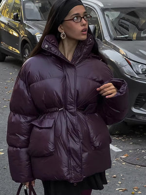 Women'S Burgundy Quilted down Jacket Winter Solid Color Thickened Stand-Up Collar Cotton Jacket Fashionable Outerwear Jacket
