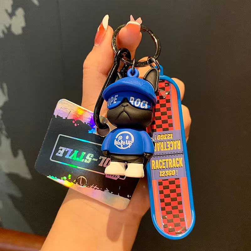 French Bulldog Skateboarding Keychain Trend Bag Pendant Keyring Toy Car Key Accessories Key Chains Toy Gift for Women Friends