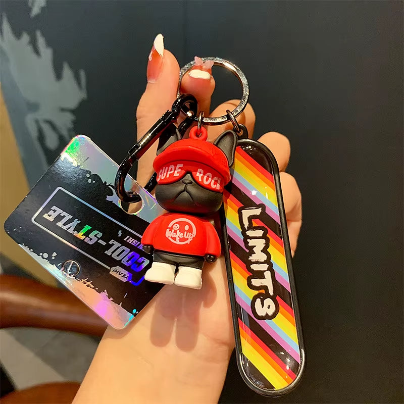 French Bulldog Skateboarding Keychain Trend Bag Pendant Keyring Toy Car Key Accessories Key Chains Toy Gift for Women Friends