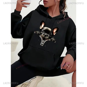 Women'S French Bulldog Zipper Print Hoodie with Drawstring Long Sleeve Pullover with Front Pocket Casual Polyester Sweatshirt