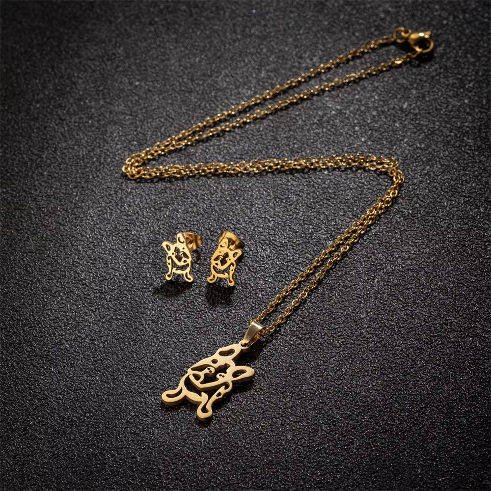 New Cute French Bulldog Chihuahua Pet Pendant Necklace Earrings for Women Love My Pet Animal Jewelry Sets Gift